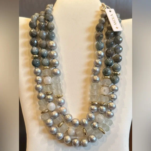 Akola Gorgeous 3 Strand Gray Pearl & Multi Beaded Necklace